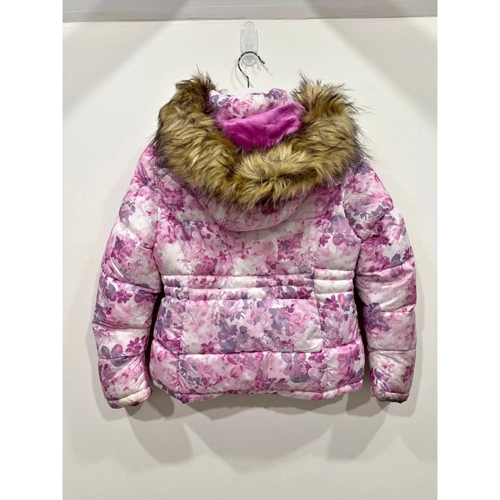 SO Girls Floral Puffer Jacket Faux Fur Hood Pink Purple Size 10/12